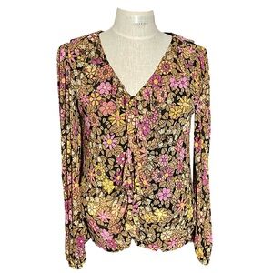 Anthropologie Jane & Delaney Layered Ruffle Floral over Black V-neck Blouse Sz M